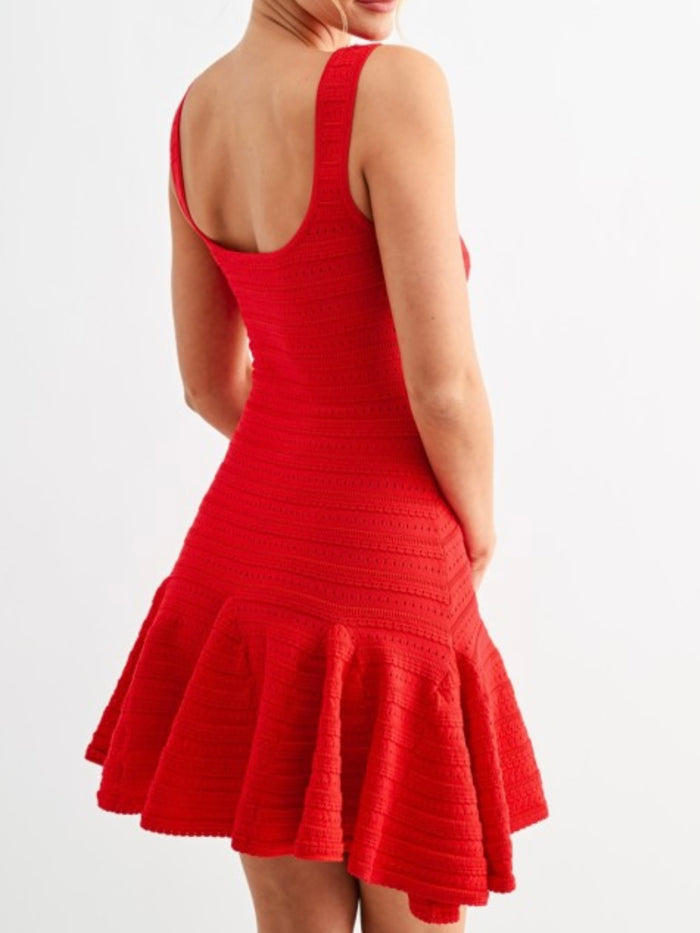 Beautiful Red Square Neck Fit & Flare Knit Short Dress
