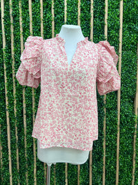 Ivory Red Print Puff Sleeve Blouse