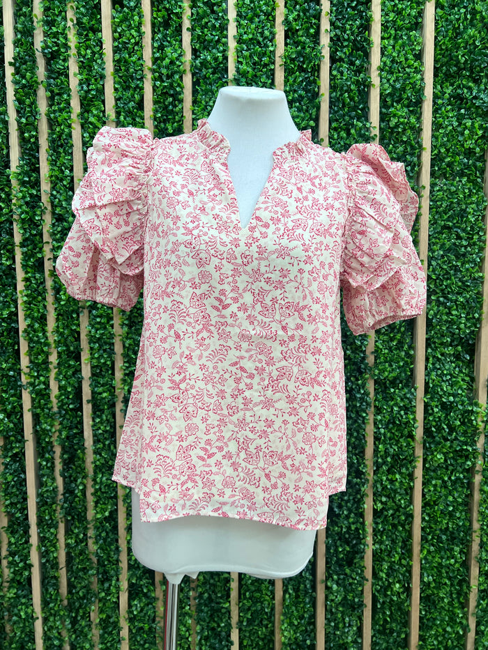 Ivory Red Print Puff Sleeve Blouse