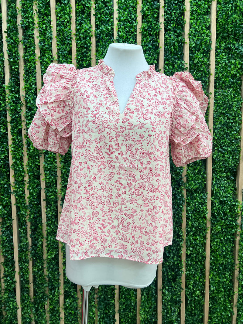 Ivory Red Print Puff Sleeve Blouse