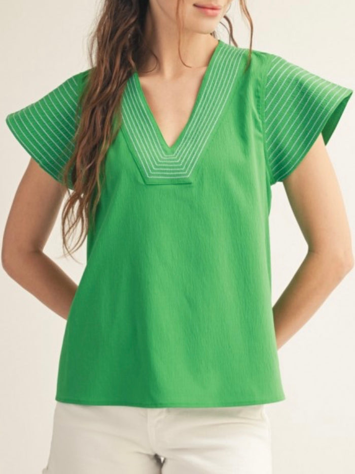 Emerald Flutter Sleeve V Neck Blouse