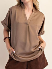 Mocha V Neck Rolled Sleeves Top