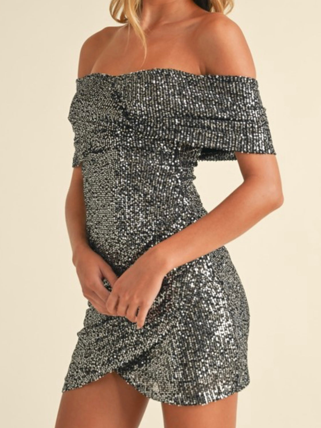 Black Silver Sequin Foldover Soulder Short Dress