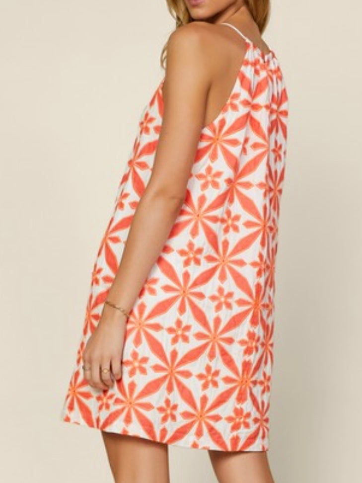 Orange Embroidered Halter Neckline Dress