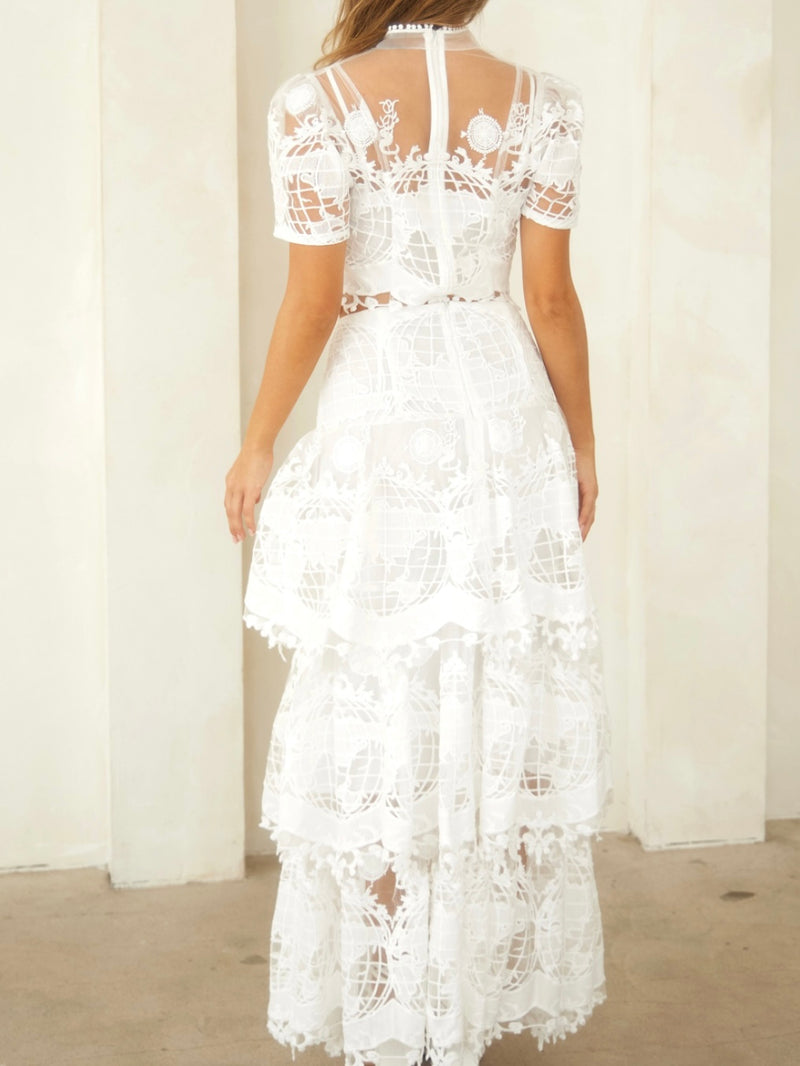 Exquisite White Lace Tiered Maxi Skirt