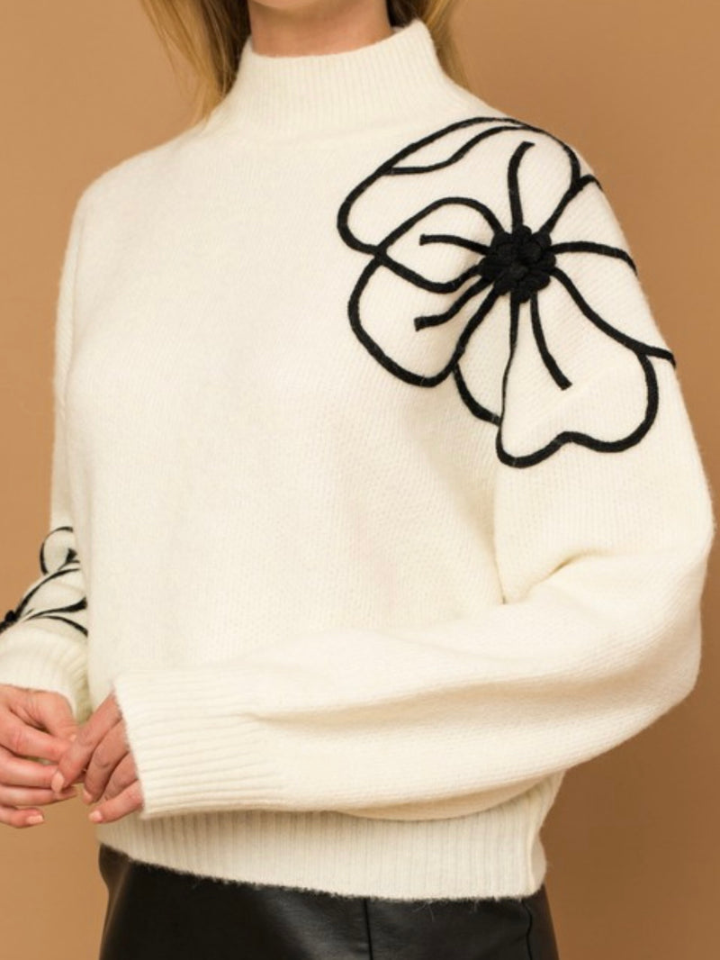 Flower Embroidery Mock Neck Sweater