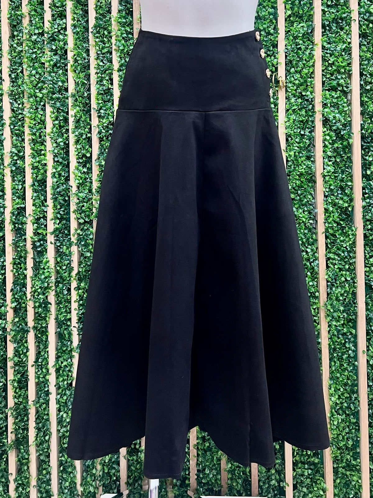 Black Side Button Detail Stretch Twill Hi-low Midi Skirt