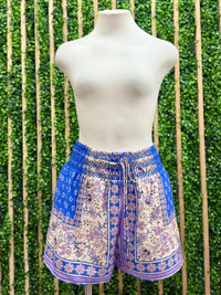 Blue Printed Patchwork Smocked Waist Shorts