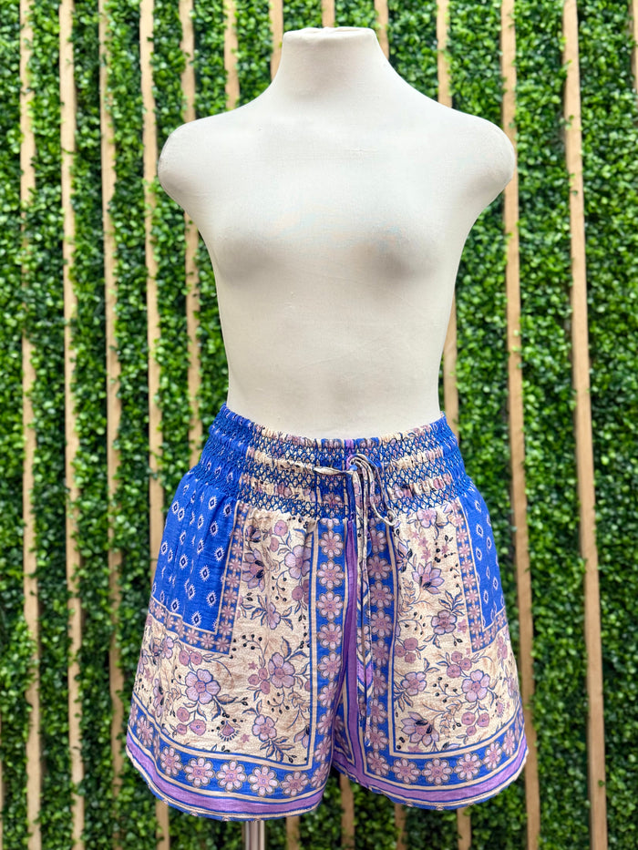 Blue Printed Patchwork Smocked Waist Shorts