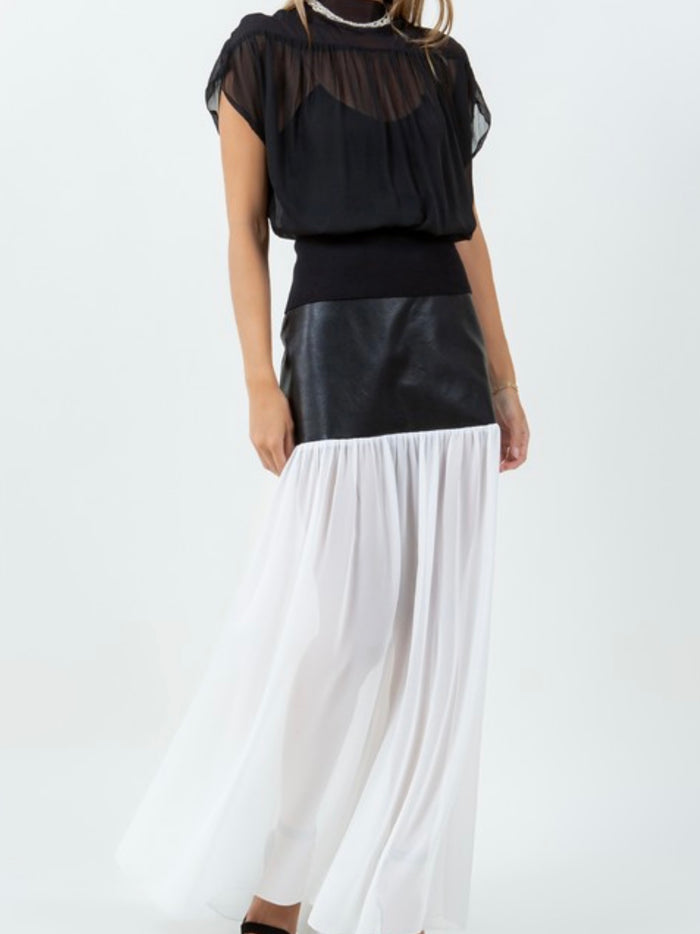 Black Pu Leather & Chiffon Combo Maxi Skirt