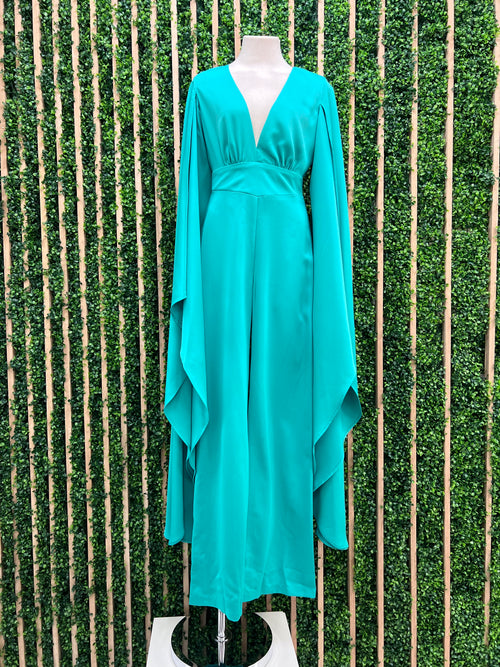 Exquisite Green V Neck Open Back Wing Sleeve Jumpsuit