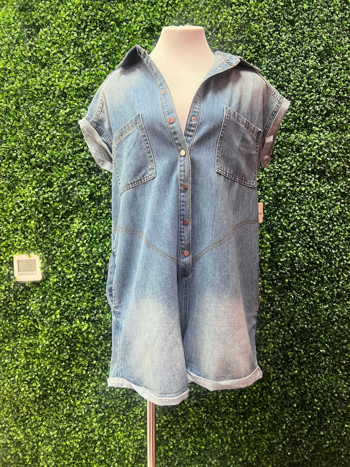 Denim Blue Cinched Waist Romper