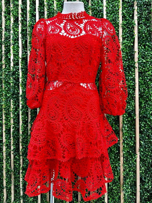 Beautiful Red Lace Tiered Skirt Short Dress