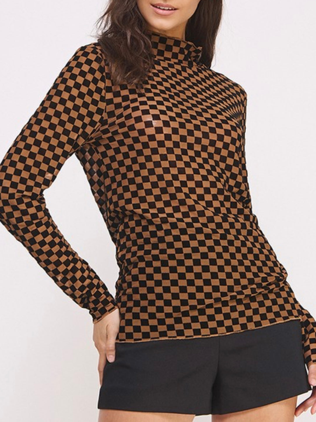 Mesh Checker Long Sleeve Top
