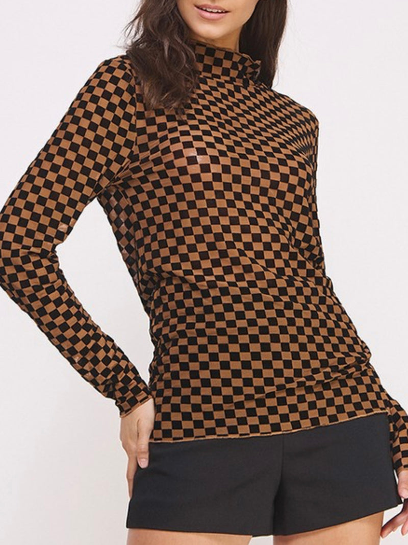 Mesh Checker Long Sleeve Top