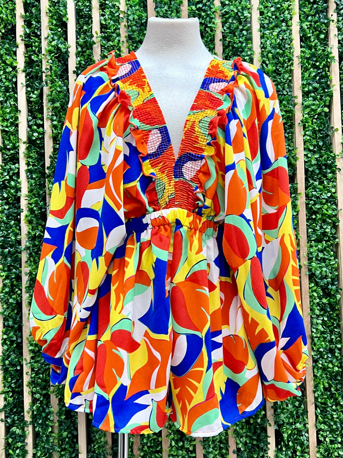 Red Orange Multi V Neck Romper