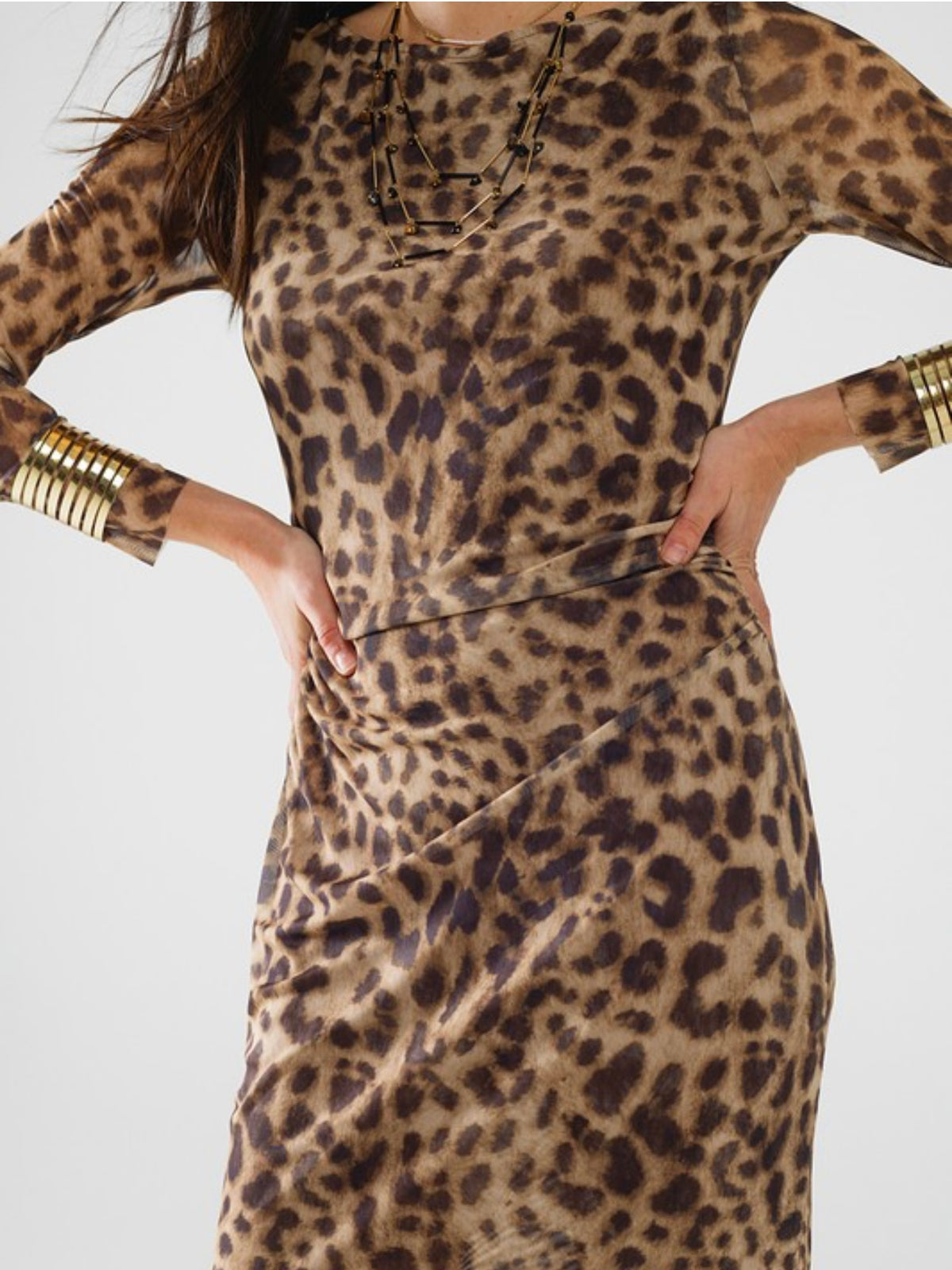 Sheer Long Sleeve Leopard Bodycon Midi Dress