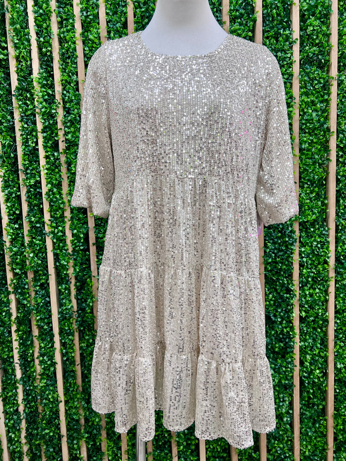 Champagne Sequin Tiered Short Sleeve Dress