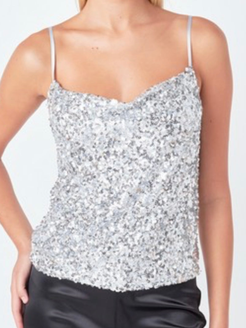 Silver Sequin Cowl Neck Top