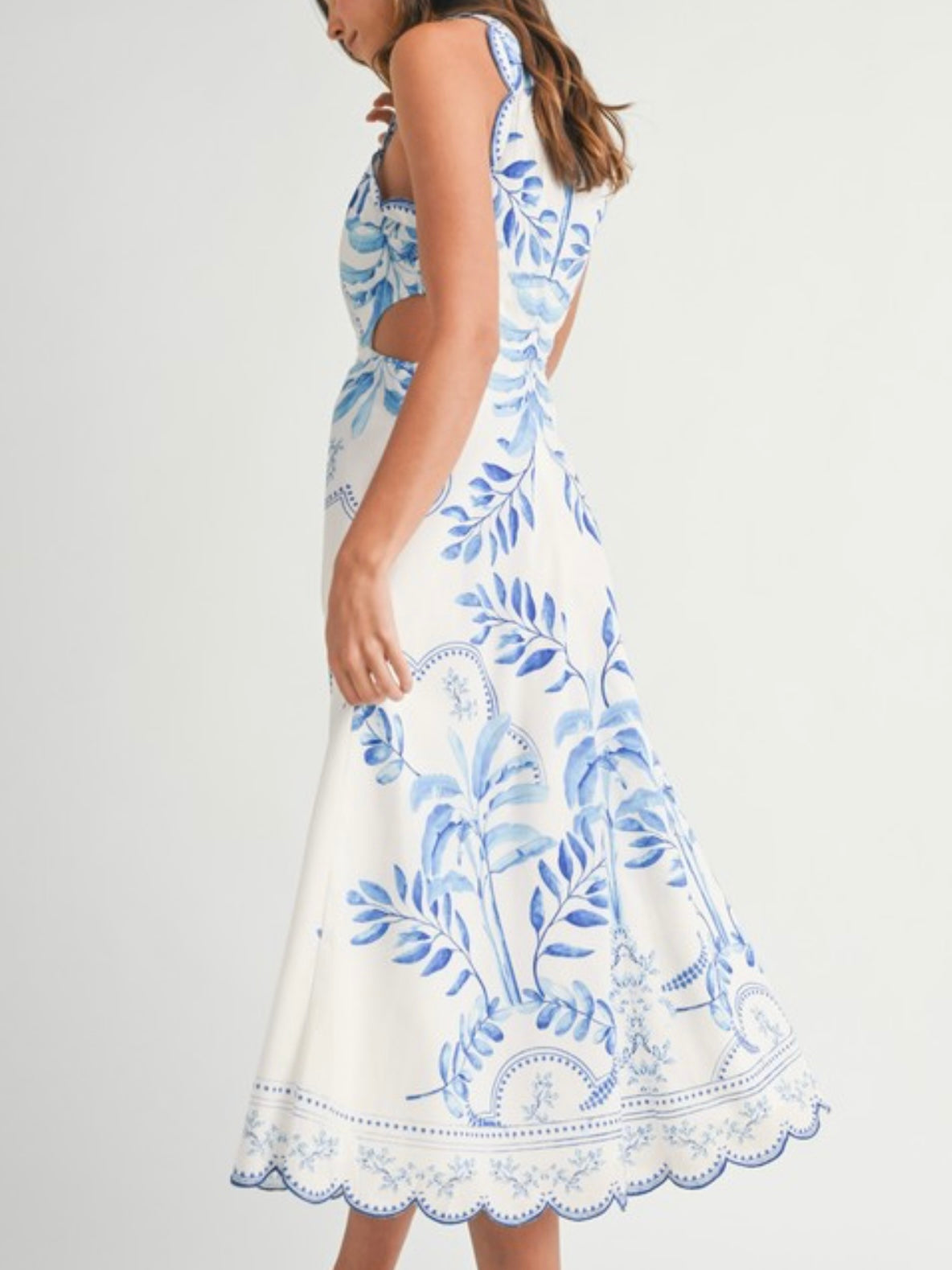 Beautiful Blue Print Scallop Hem Midi Dress