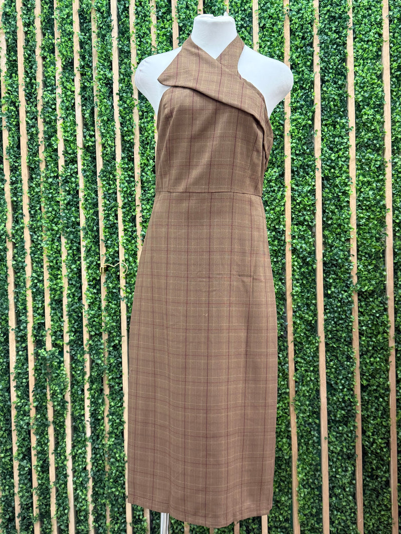 Brown Plaid Halter Midi Dress