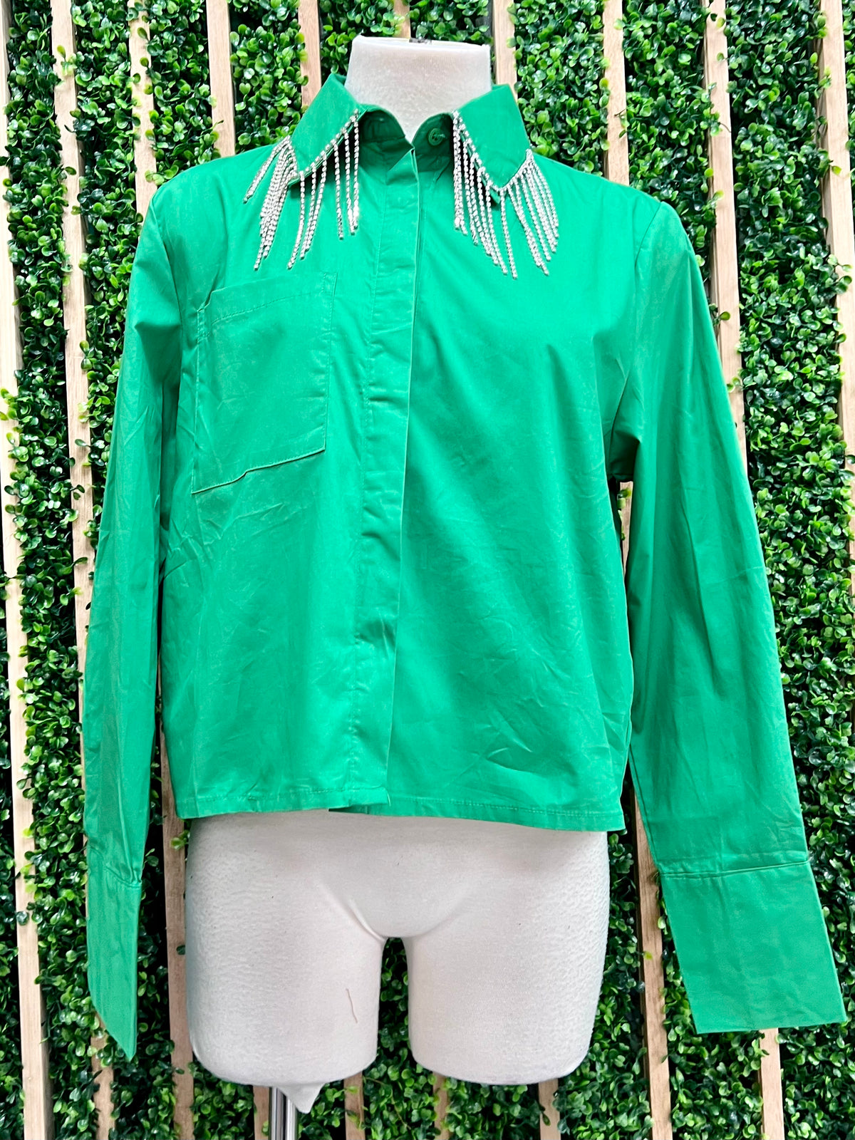Green Neck Rhinestone Trim Blouse