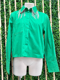 Green Neck Rhinestone Trim Blouse