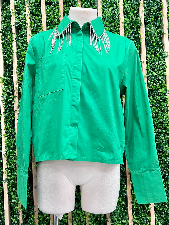 Green Neck Rhinestone Trim Blouse