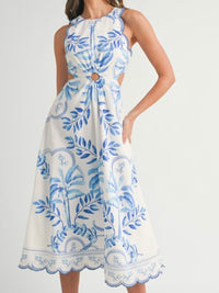 Beautiful Blue Print Scallop Hem Midi Dress