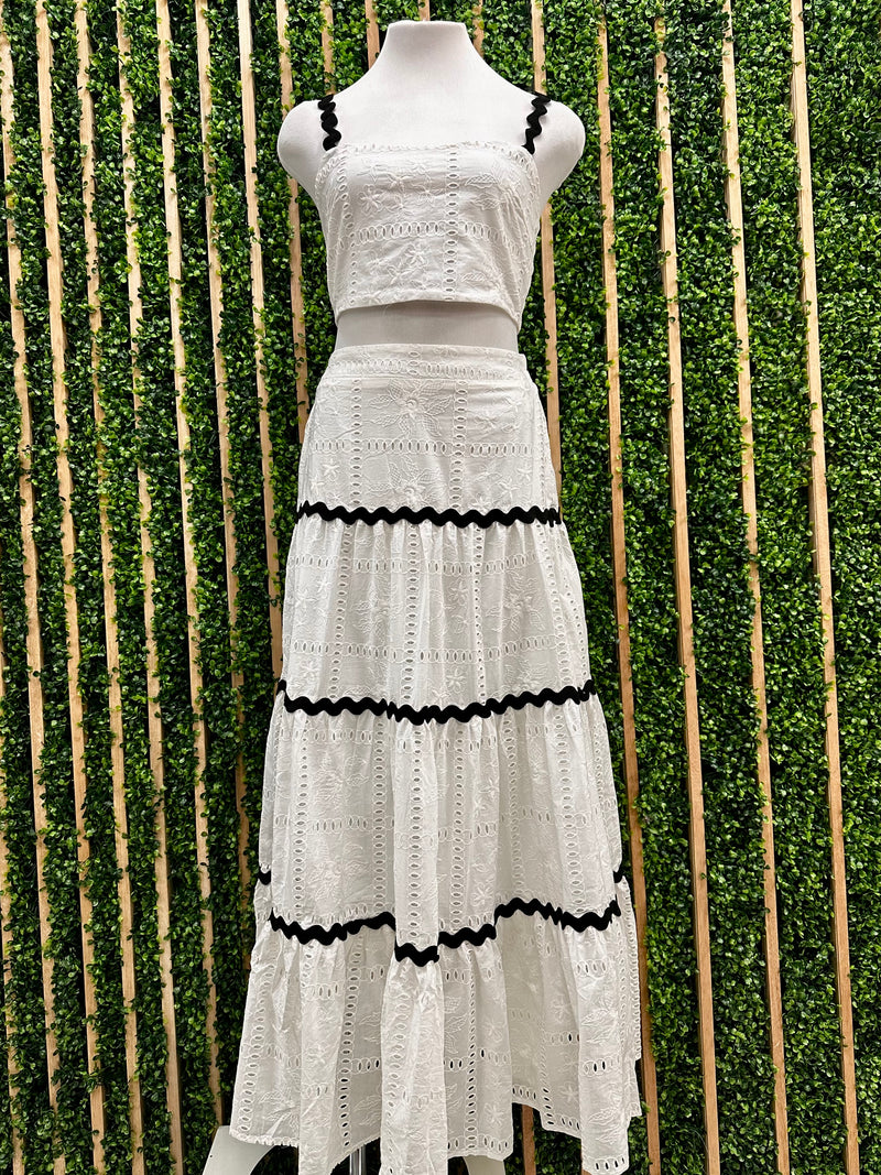 Rig Rag Trim White Eyelet Tiered Maxi Skirt