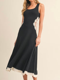 Black Side Crochet Scoop Neck Midi Dress