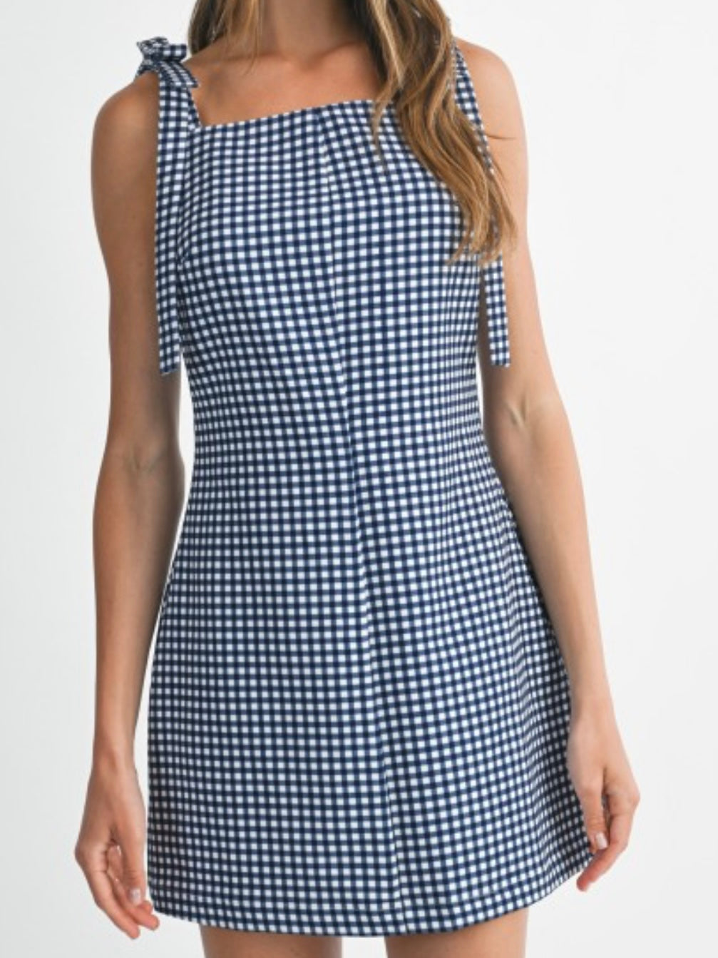 Gingham Sleeveless Short Dress With Shoulder Bow Detail
