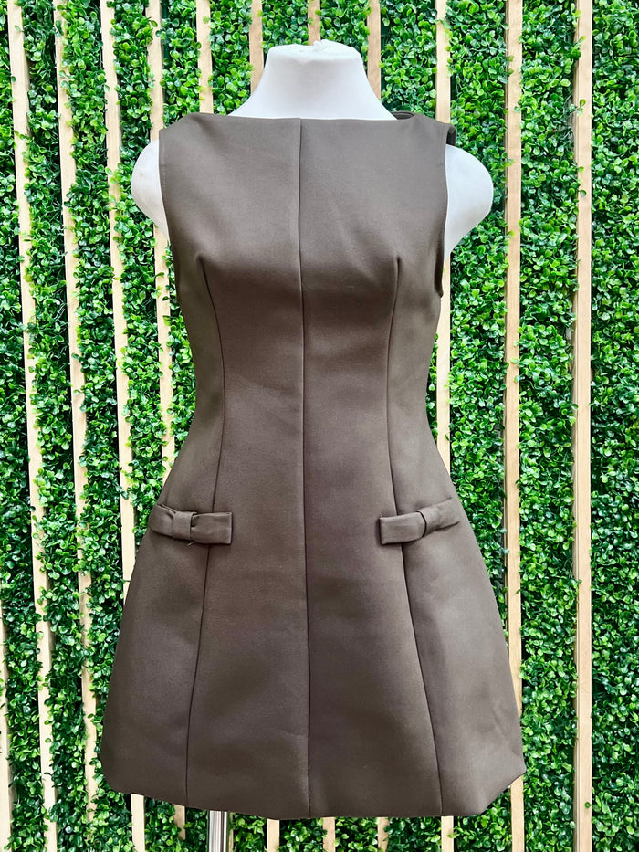 Beautiful Chocolate High Neck Pocket Detail Fitted Skort Dress