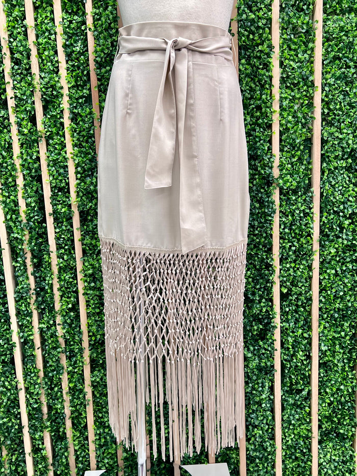 Fringed Hem High Waist Midi Skirt