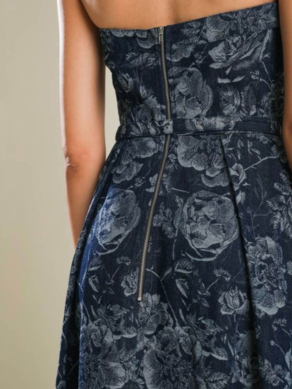 Denim Jacquard Strapless Midi Dress