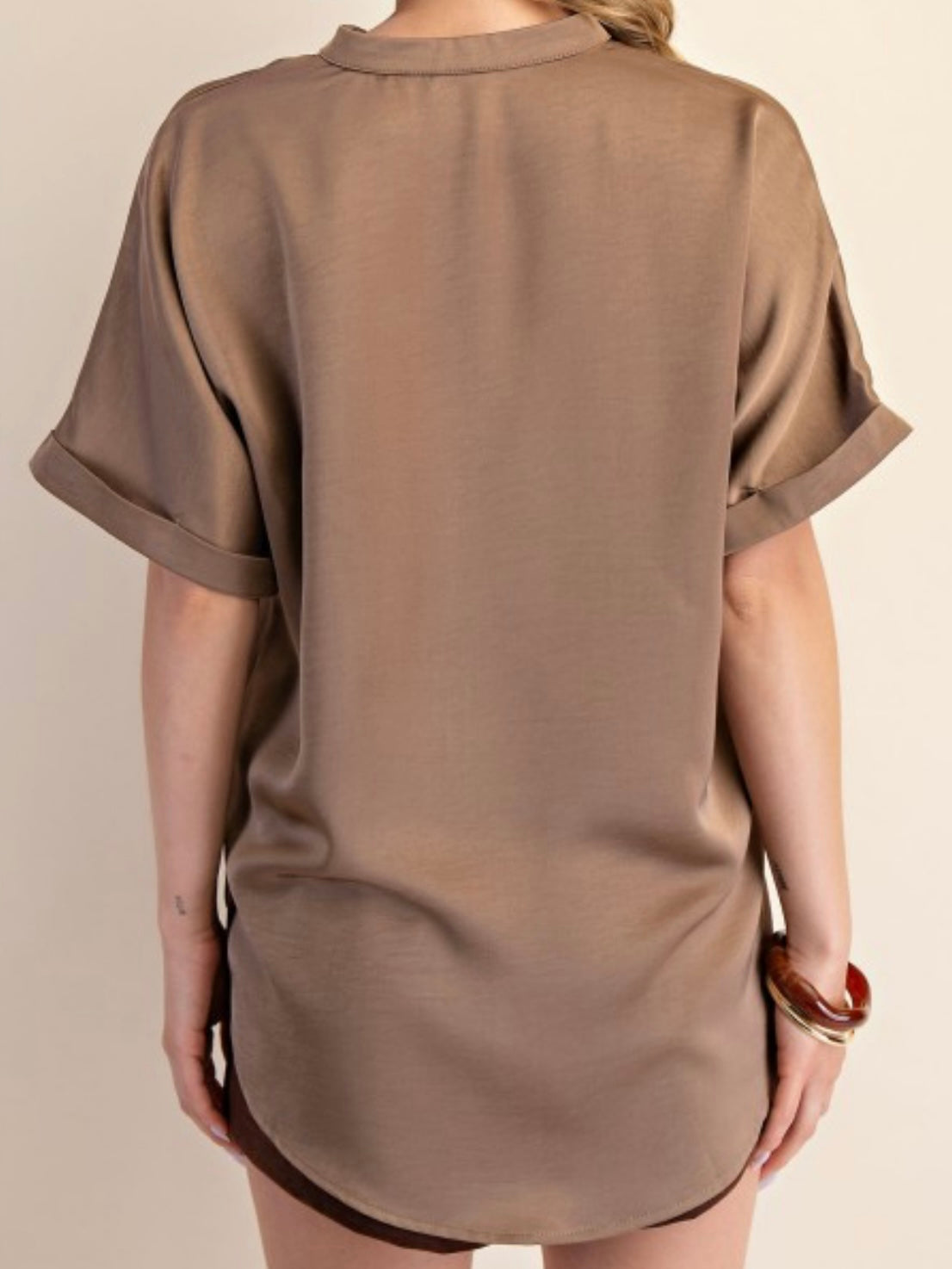 Mocha V Neck Rolled Sleeves Top