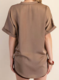 Mocha V Neck Rolled Sleeves Top
