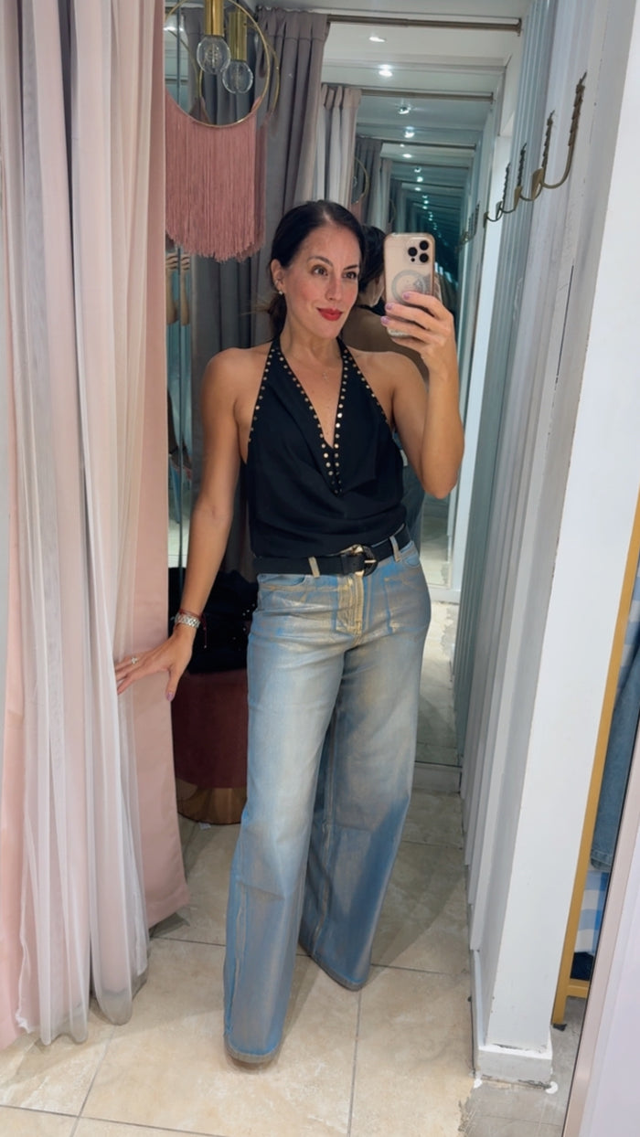 Gold Foil Wide Leg Denim Pant