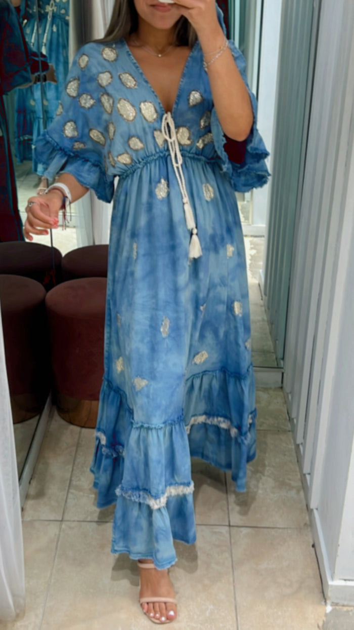 Beautiful Boho Denim Embroidered Kimono Maxi