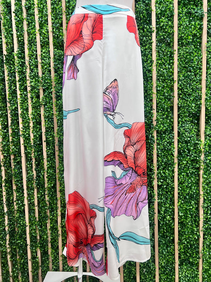 Red White Floral Wide Leg Pant