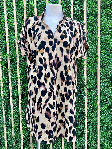 Brown Leopard Print Long Sleeve Short Dress