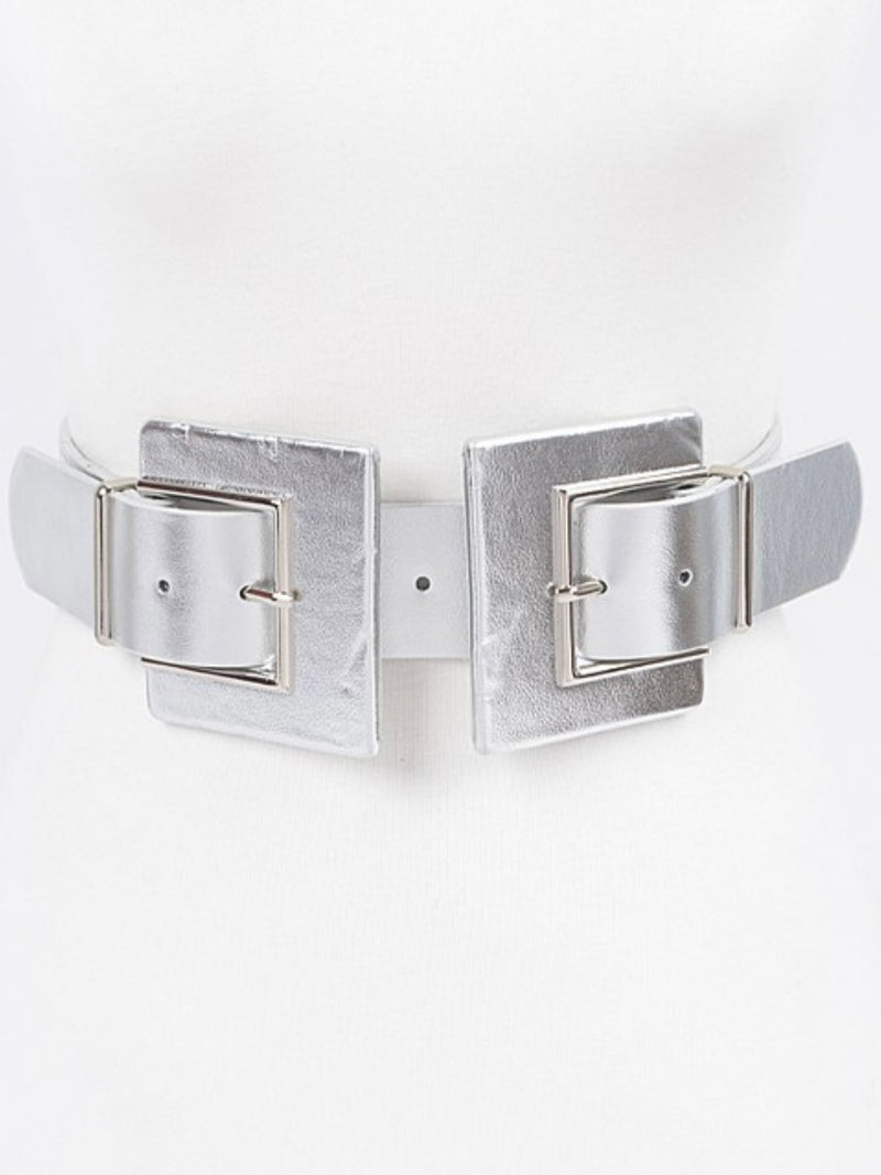 Double Rectangle Buckle Metallic Stretch Belt