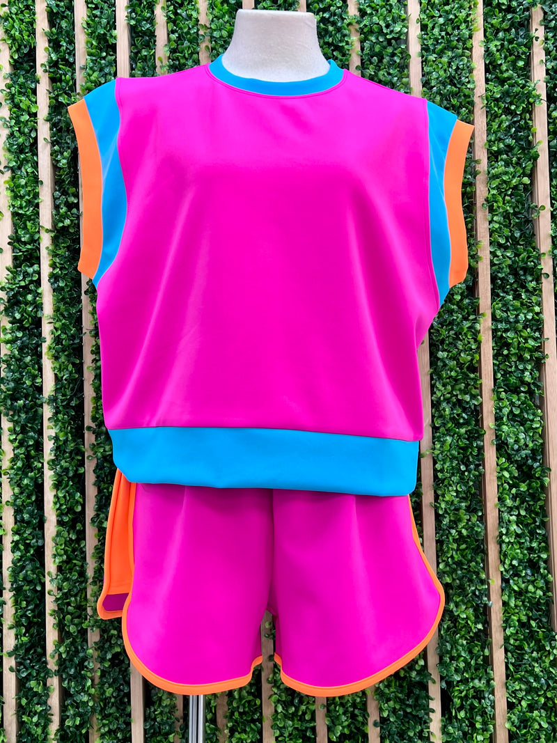 Fuchsia Color Block Short Pant Set