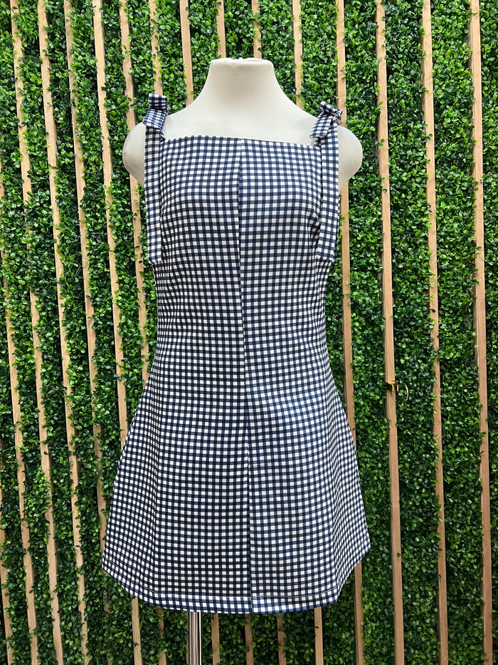 Gingham Sleeveless Short Dress With Shoulder Bow Detail
