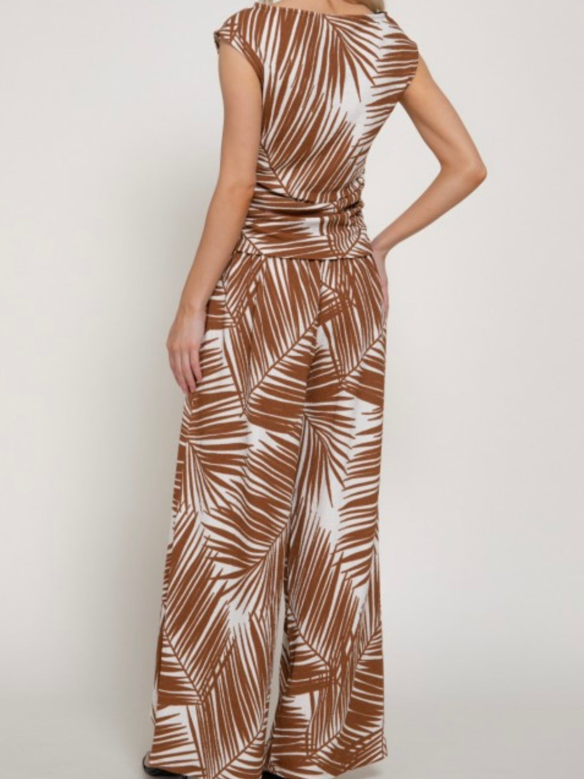 Brown & Ivory Palm Print Wide-Leg Matching Set