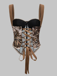 Brown Floral Jacquard Lace-Up Corset Top