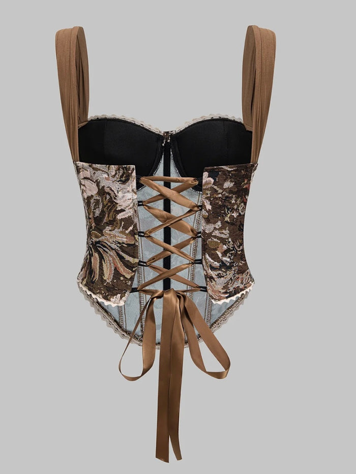 Brown Floral Jacquard Lace-Up Corset Top