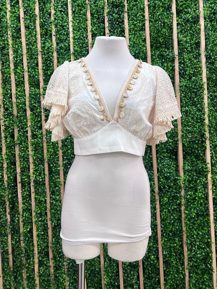 Breezy Lace Butterfly Sleeve Embellished Crop Top