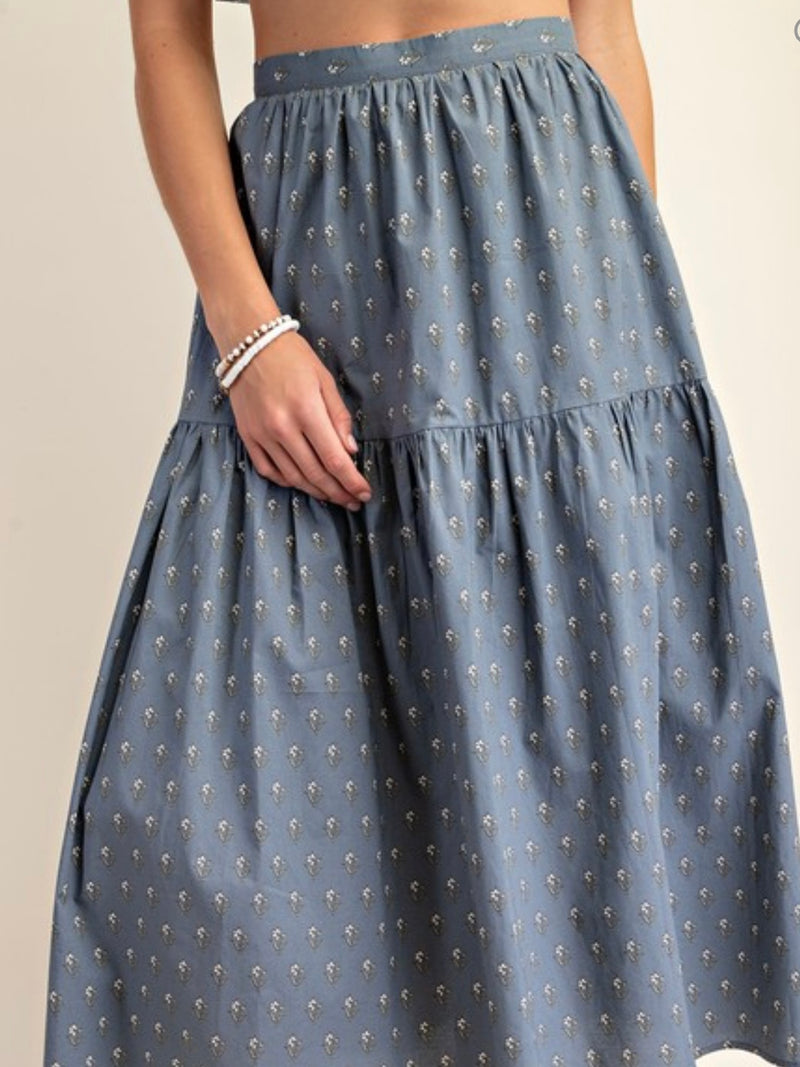 Steel Blue Print Midi Skirt Set