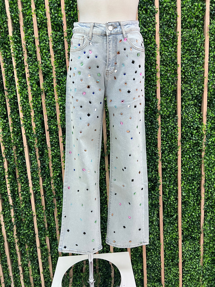 Multicolor Rhinestone Straight Leg Pants